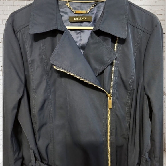 T.M. Lewin Black Trench Coat Asymmetrical Zip Belted Long Sleeve Very Rare S/O - Picture 10 of 12